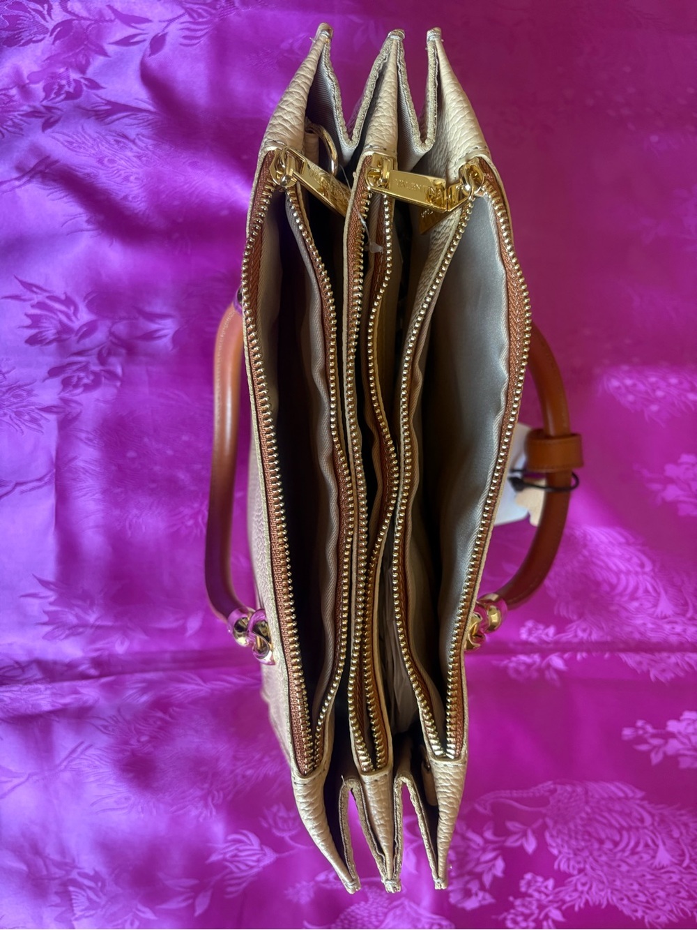 Valentina Cream Pebbled Leather Satchel with Brown Handles and Gold Charm - Picture 3 of 3